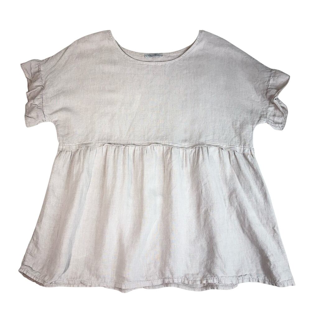 ELENA BALDI WOMEN'S LINEN BLEND TAN RUFFLE TOP MADE IN ITALY LARGE